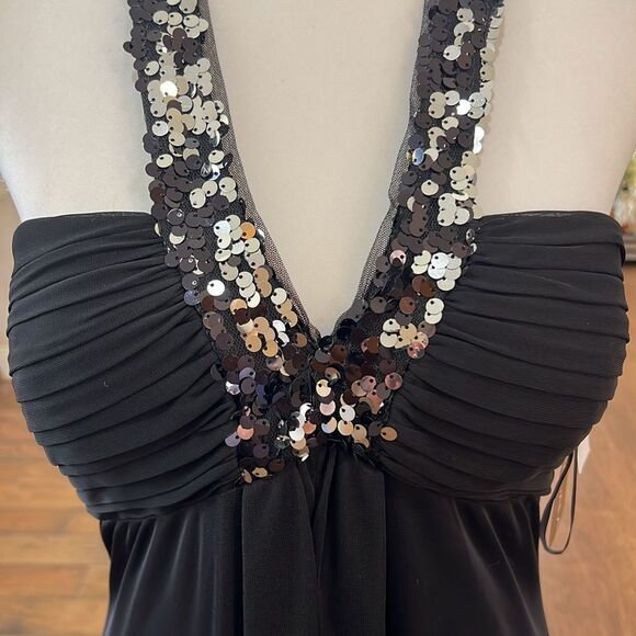 Elegant Black Sequin Halter Chiffon Gown Maxi Formal Mermaid Sz10 NWT Betsy Adam - Picture 12 of 15